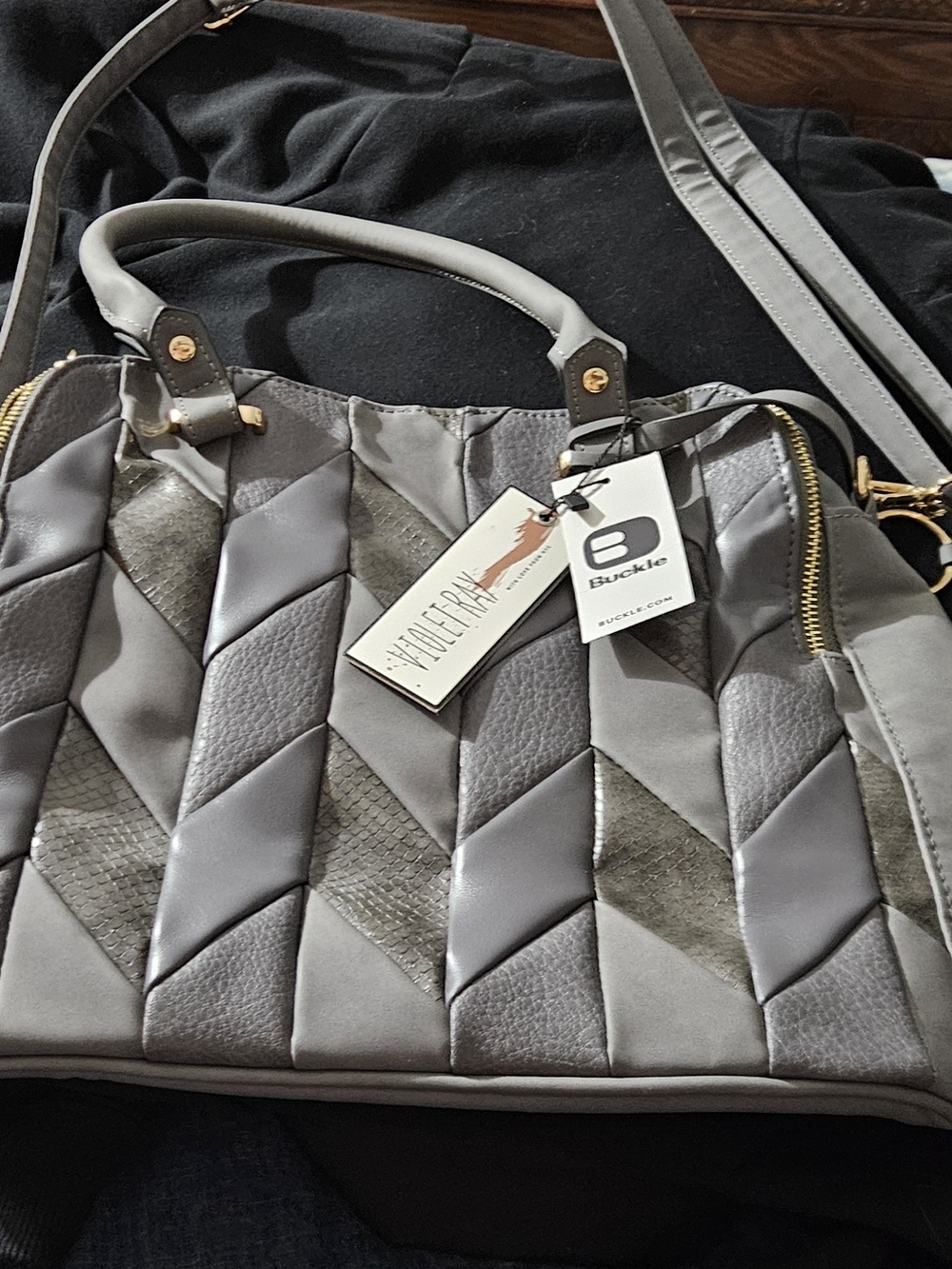 Buckle Quilted Gray Shoulder Tote with Gold Hardware